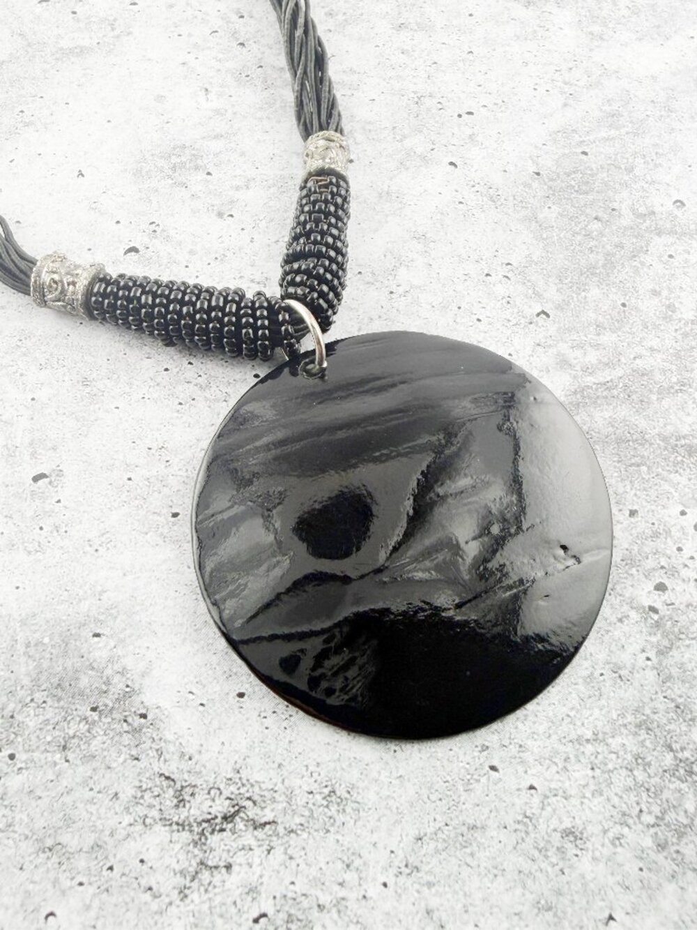 Boho Black Glass Statement Necklace | Large Round Pendant Silver Accents Artisan